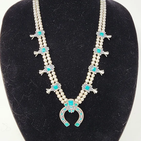 Vintage Sancrest Southwestern Squash Blossom Necklace – Turquoise & Silver Tone - Picture 2 of 16